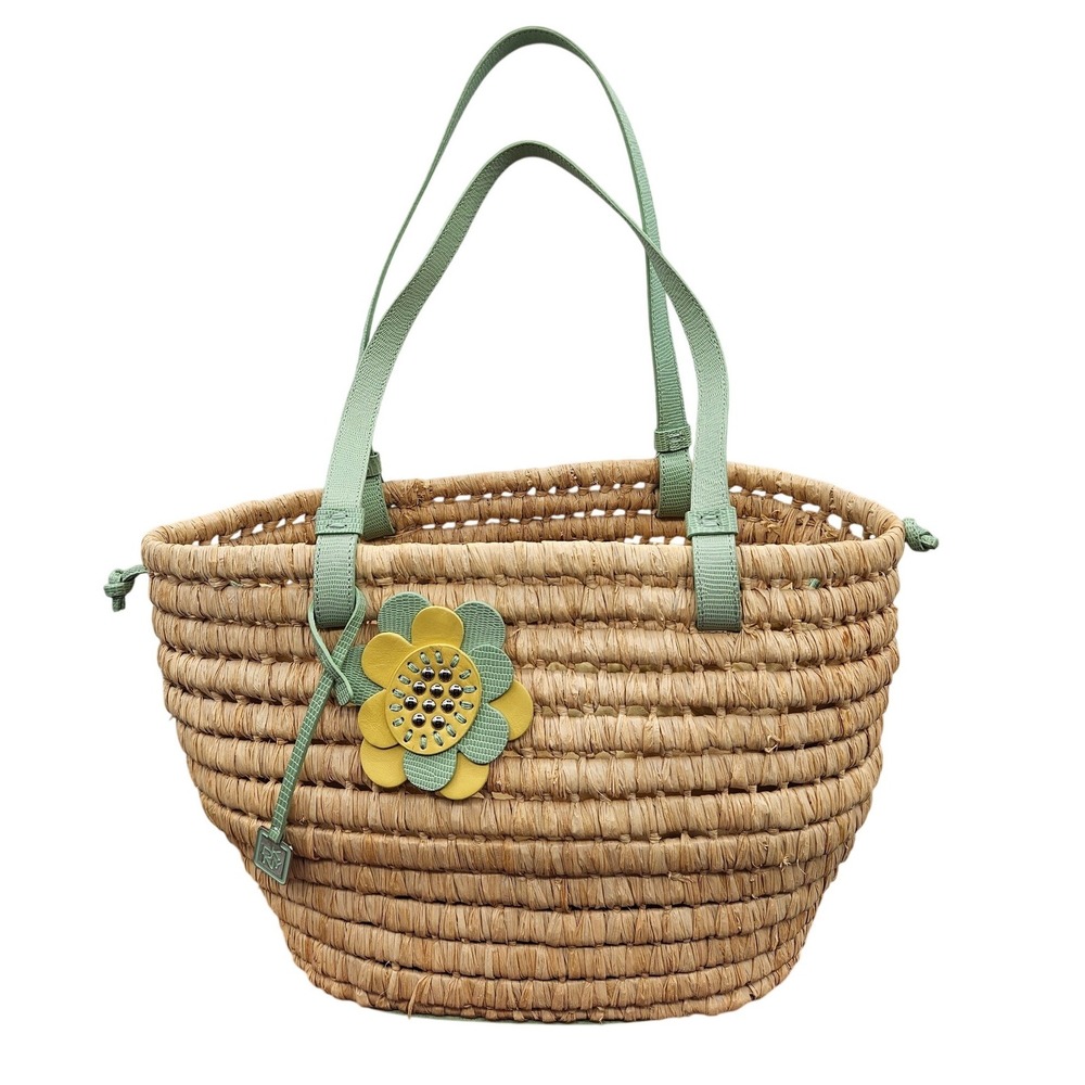 DKNY Straw Tote Bag Mint Green Flower‎ Charm Woven Basket Summer Beach Handbag